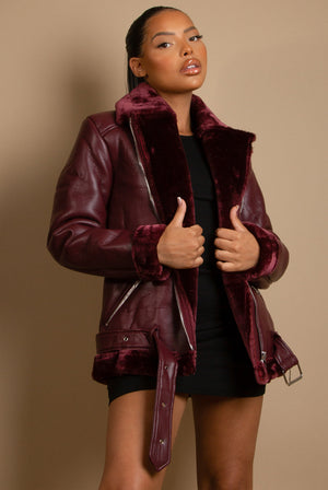 PU shearling coat in wine color Featuring a soft shaved fur collar and inner lining