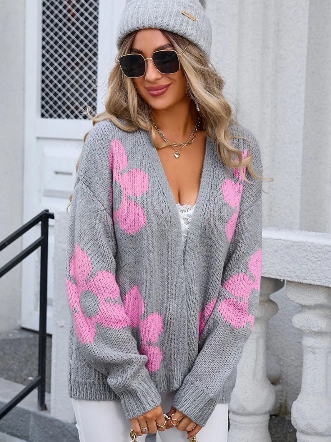 Angel Wings Flower Open Front Long Sleeve Cardigan Gray