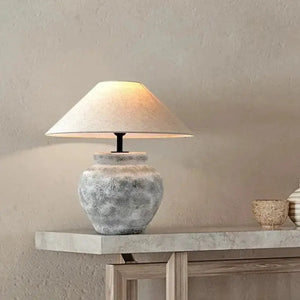 Antonio Wabi Sabi Traditional Style Japanese Grey Clay Stone Table Lamp featuring a ceramic and linen shade.