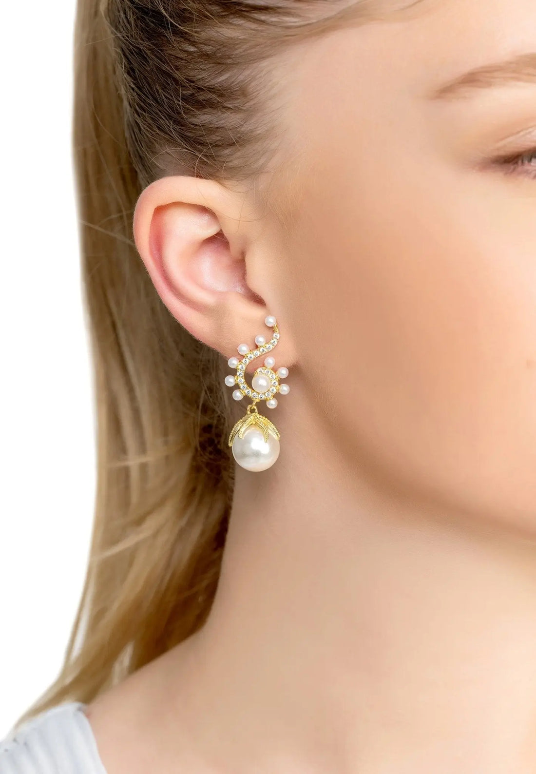 Baroque Pearl Poseidon Gemstone Drop Earrings White Gold