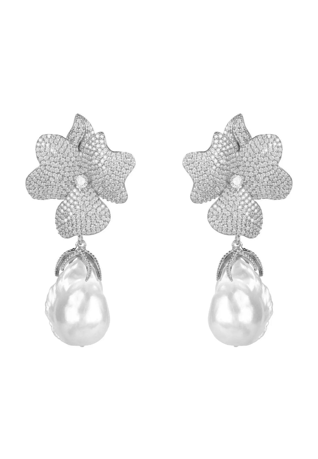 Baroque Pearl White Flower Drop Earring Silver