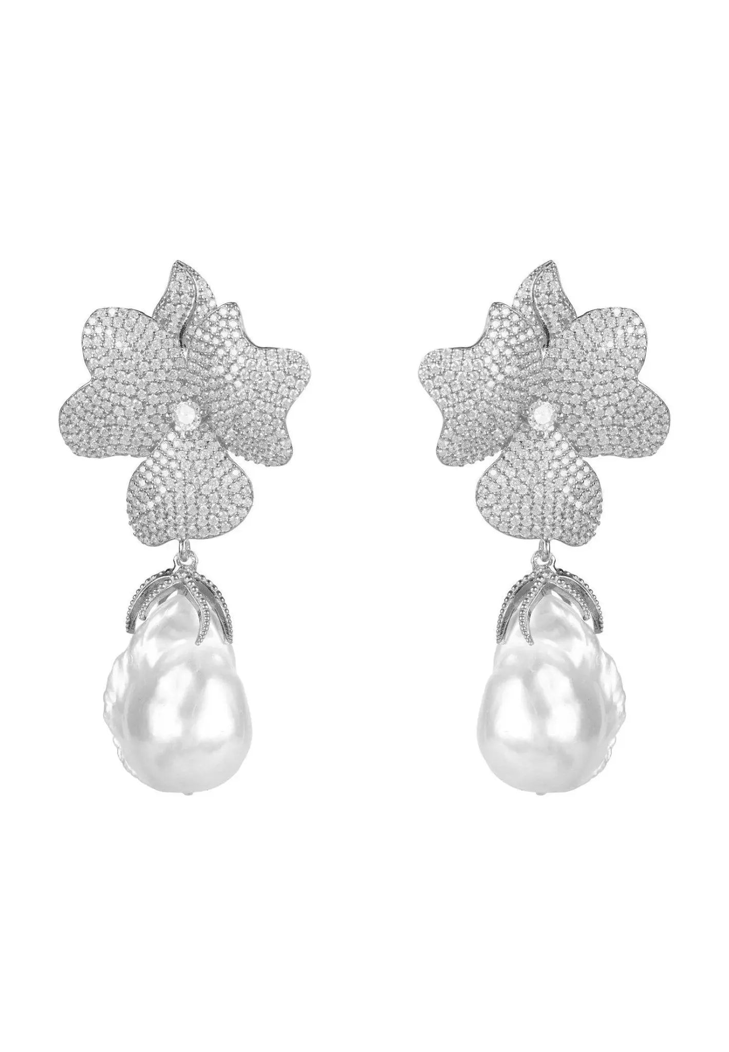 Baroque Pearl White Flower Drop Earring Silver