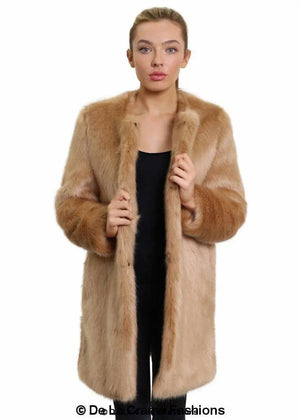 Premium Women's Faux Fur Coat in Camel and Grey, featuring a luxurious design made from 80% Acrylic and 20% Polyester for a soft feel. 