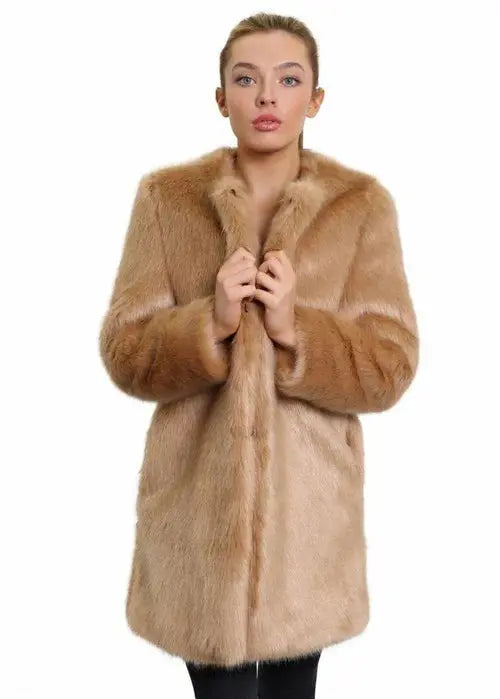 Premium Women's Faux Fur Coat in Camel and Grey, featuring a luxurious design made from 80% Acrylic and 20% Polyester for a soft feel. 