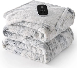 Premium double-sided electric heating blanket in marble blue featuring faux fur and sherpa sides.