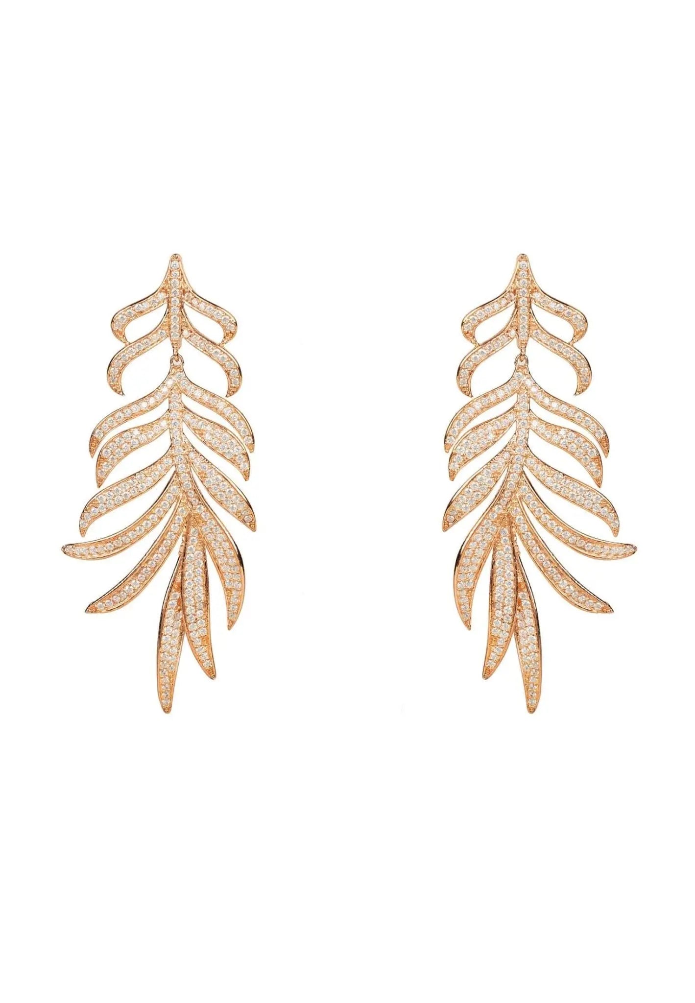 Feathered Leaf Statement Drop Earrings Rosegold