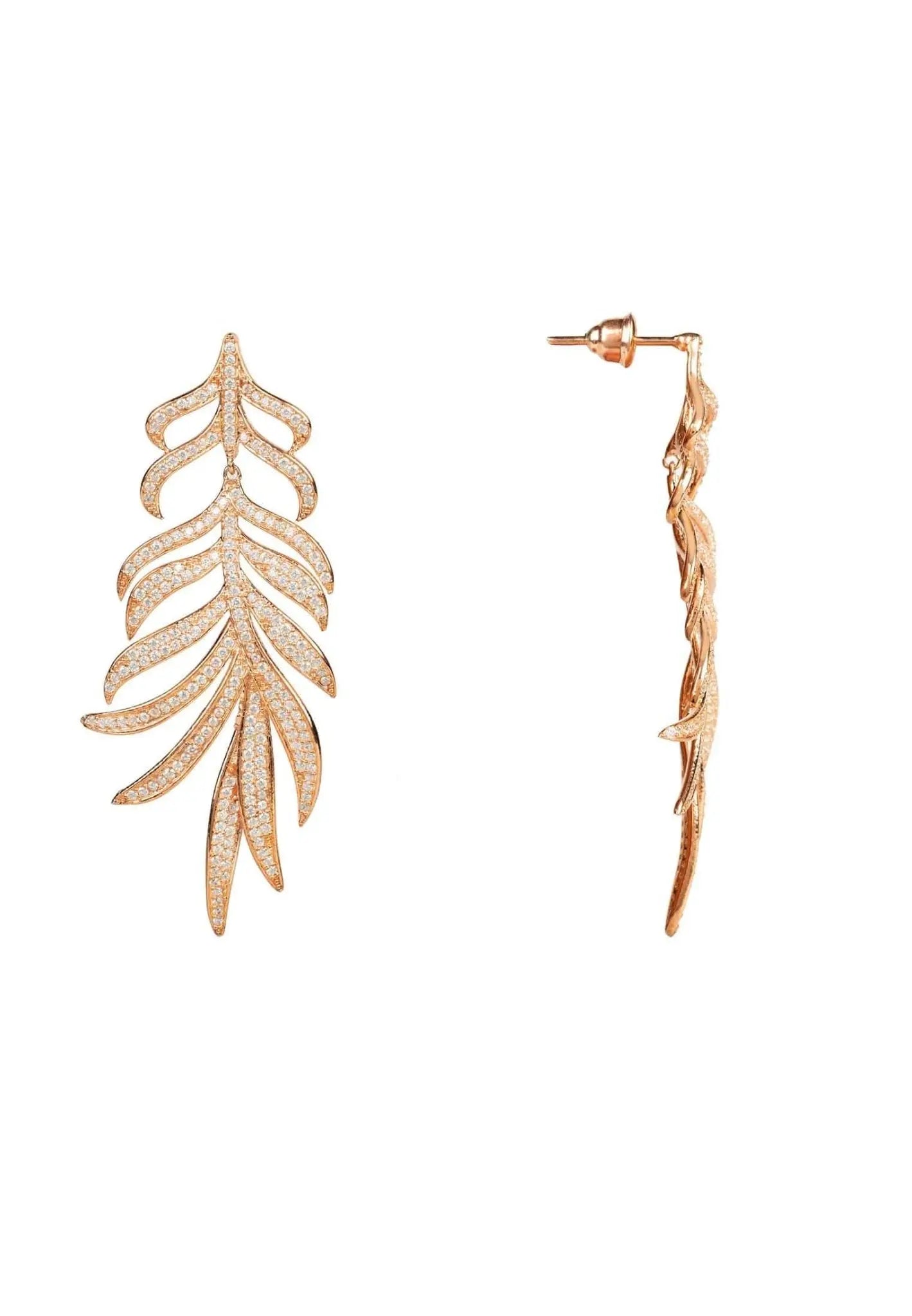 Feathered Leaf Statement Drop Earrings Rosegold