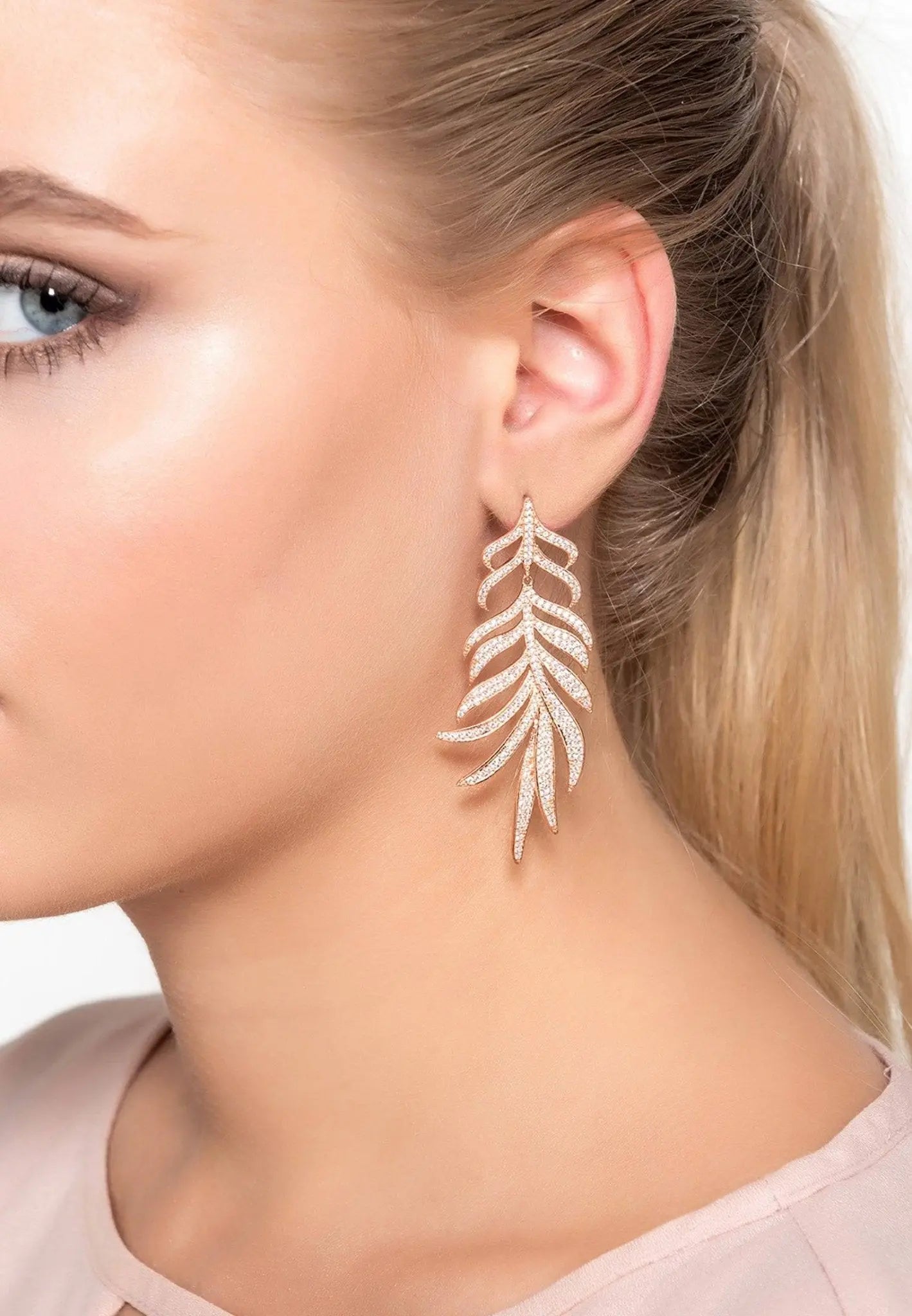 Feathered Leaf Statement Drop Earrings Rosegold