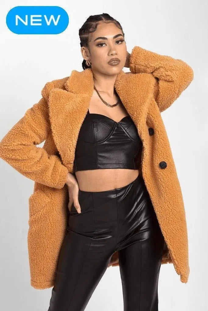 Janine Double Breasted Borg Teddy Coat in Mustard