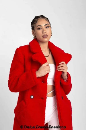 Janine Double Breasted Borg Teddy Coat in red.