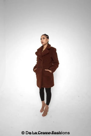 Janine Double Breasted Borg Teddy Coat in Brown