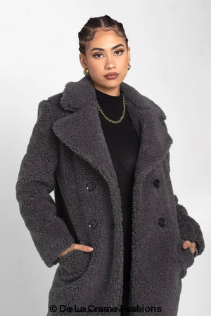 Janine Double Breasted Borg Teddy Coat in Grey.