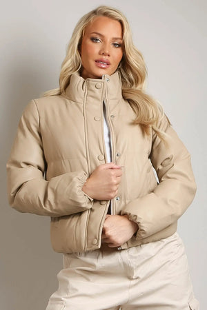 De La Creme Fashions Puffer Jacket with High Neck (Style DR8064) in  Beige, made from durable 100% Polyurethane fabric.