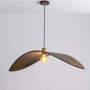 Minimalist handcrafted wooden LED chandelier with a brown lampshade.