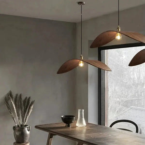 Minimalist handcrafted wooden LED chandelier with a brown lampshade.