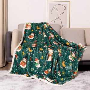 A luxurious Christmas-themed throw blanket featuring flannel on one side and soft white fleece on the other.