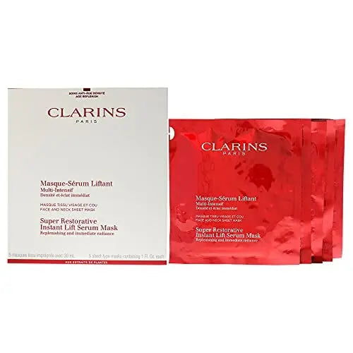 Clarins Super Restorative Serum-Mask set designed to firm, hydrate, and restore radiance for a youthful, rejuvenated .